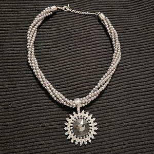 Large Rhinestone Pendant Necklace with Gray Pearl Beads.